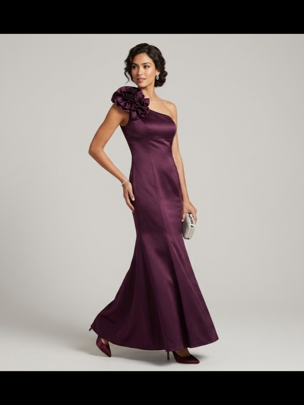 Alfred Angelo Grape Purple One Shoulder Rosette Satin Gown Dress Sz 2